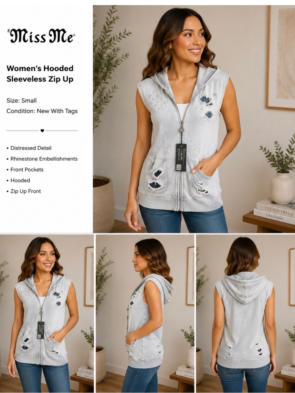 Miss Me Light Gray Hooded Sleeveless Zip-Up Vest